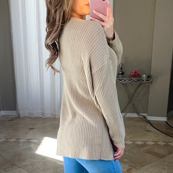 New Chunky Tan Nude V Neck Knit Tunic Sweater - Picture 3 of 4